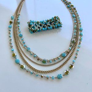 Premier Designs Belize Aqua Blue & Gold Tone Necklace & Bracelet Set EUC